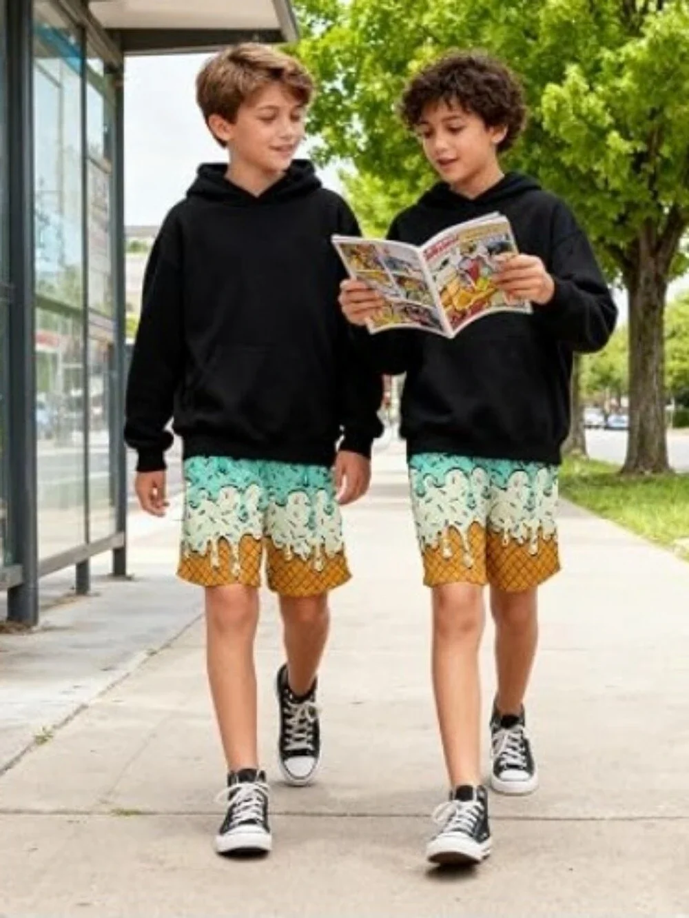 Boys Athletic Shorts Ice Cream Drip Mesh Breathable Green